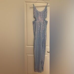 Light Blue Sequin Cutout Evening Gown with Front Slit – Size M
